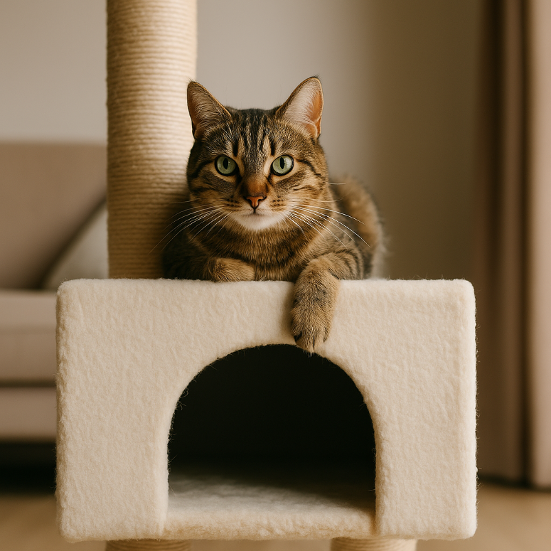 Chat tigré allongé sur un arbre à chat en tissu beige, installé dans un salon lumineux – idéal pour illustrer un environnement sécurisé et confortable pour un premier chat à la maison.
