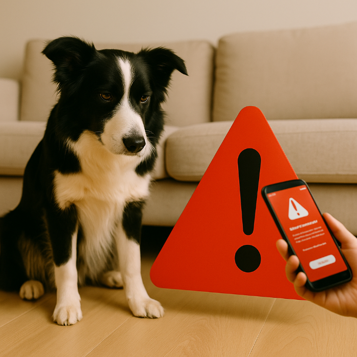 Chien de type Border Collie assis dans un salon à côté d’un panneau d’avertissement rouge en forme de triangle, fixant un smartphone affichant une alerte. Illustration des limites des objets connectés : surcharge d’alertes, cybersécurité, et nécessité d’une présence humaine.