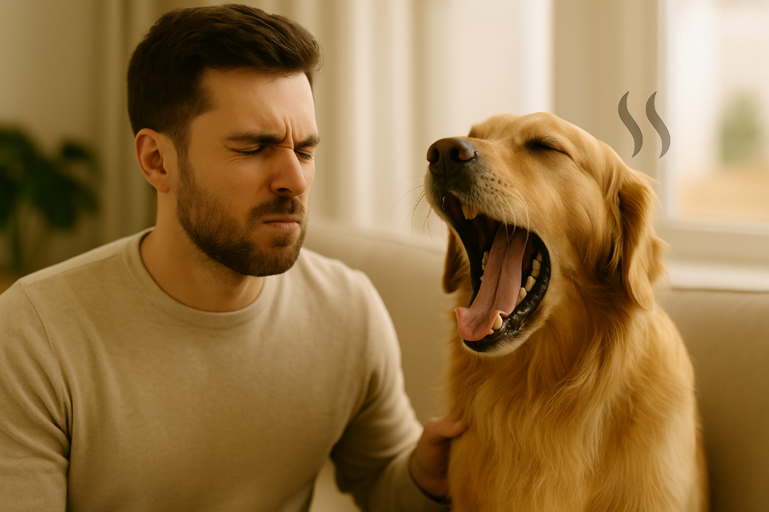 Photographie d’un maître assis avec son chien golden retriever qui bâille, illustrant avec humour la problématique de la mauvaise haleine chez le chien. Une icône de mauvaise odeur renforce le sujet, dans un style visuel épuré et émotionnel. Image idéale pour un article vétérinaire ou de blog sur l’hygiène bucco-dentaire canine.