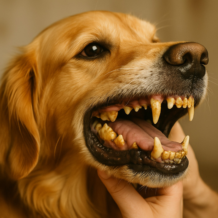 Gros plan sur les dents d’un chien Golden Retriever présentant une accumulation importante de plaque et de tartre. L’image met en évidence les signes précoces de maladie parodontale canine, avec des gencives rougies et une dentition en mauvais état, illustrant les risques d’inflammation buccale non traitée.