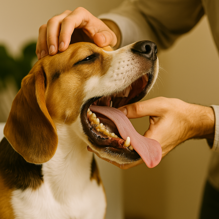 Un vétérinaire examine attentivement la mâchoire d’un chien blanc en consultation, à la recherche de corps étrangers ou signes d’infection buccale. L'image illustre l'importance des contrôles vétérinaires réguliers pour détecter les causes méconnues de mauvaise haleine chez le chien, comme les objets coincés ou les abcès dentaires
