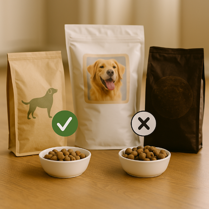 Trois paquets de croquettes pour chien posés côte à côte sur une table en bois, accompagnés de pictogrammes indiquant la qualité de leur composition (bon vs mauvais). L’image illustre visuellement les différences entre une alimentation premium, équilibrée et riche en protéines identifiées, et une alimentation bas de gamme contenant des sous-produits animaux, souvent responsables d'une mauvaise haleine.