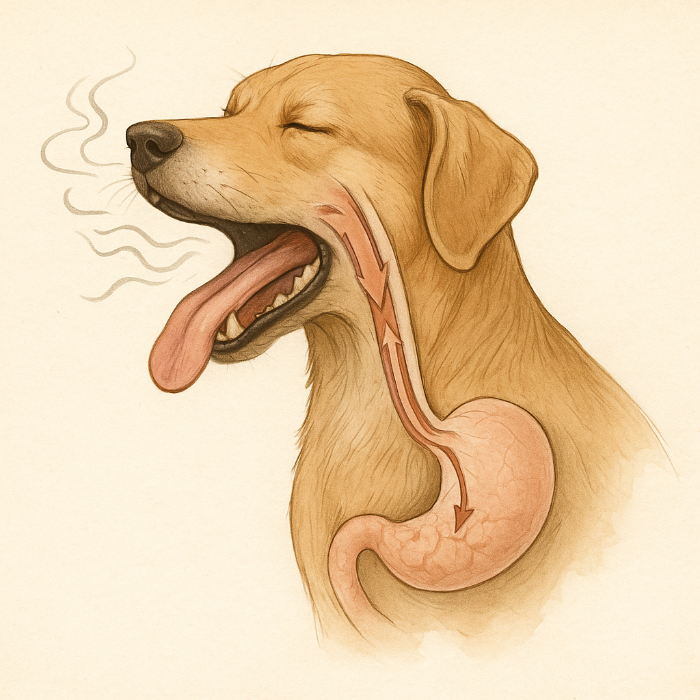 Illustration scientifique détaillée représentant l’appareil digestif d’un chien, incluant l’œsophage, l’estomac, l’intestin grêle et le côlon. Le schéma met en évidence les zones sujettes au reflux gastro-œsophagien et aux inflammations pouvant provoquer une mauvaise haleine. Format carré, style biomédical, destiné à une utilisation vétérinaire ou éducative.