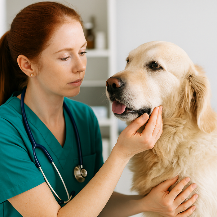  Un vétérinaire effectue un bilan de santé complet sur un chien de race moyenne dans un cabinet moderne, illustrant le suivi médical nécessaire pour détecter les maladies systémiques pouvant entraîner une mauvaise haleine, comme le diabète ou l’insuffisance rénale