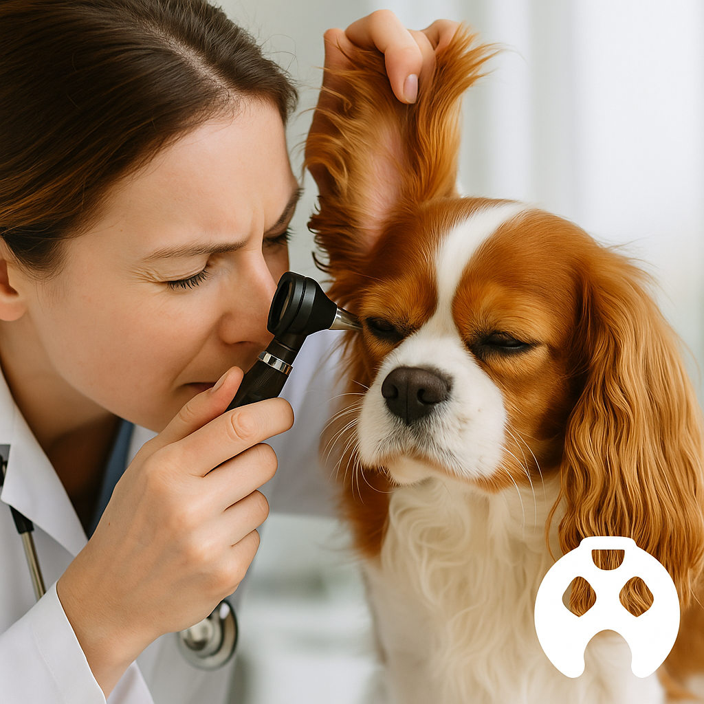 Vétérinaire examinant avec précision l'oreille d'un chien pour diagnostiquer une éventuelle infection ORL ou sinusite, dans un cadre clinique lumineux, illustrant l'importance des examens réguliers en cas d’halitose persistante chez le chien.