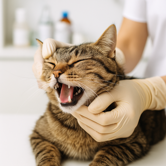 Photographie en haute résolution d’un chat tigré adulte en consultation vétérinaire, la gueule entrouverte alors que le praticien examine la cavité buccale avec précaution — illustration typique d’un examen de dépistage de stomatite ou de tumeur buccale féline