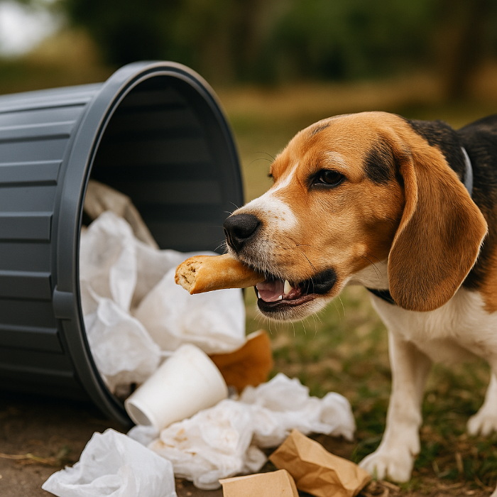 Un chien de race Beagle tricolore, le museau penché vers une poubelle de cuisine ouverte, symbolisant un comportement alimentaire à risque comme la coprophagie ou l’ingestion de déchets, potentiellement responsable d’une mauvaise haleine persistante. L’image illustre un contexte domestique réel, fréquemment observé chez les chiens curieux ou anxieux