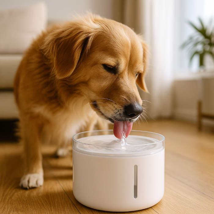 Un chien de taille moyenne au pelage doré s’abreuve dans une fontaine à eau automatique en acier inoxydable. L’image illustre l’importance de l’hydratation continue pour la santé bucco-dentaire canine, notamment en réduisant la concentration bactérienne dans la cavité buccale. Un environnement lumineux et propre souligne le bien-être de l’animal.