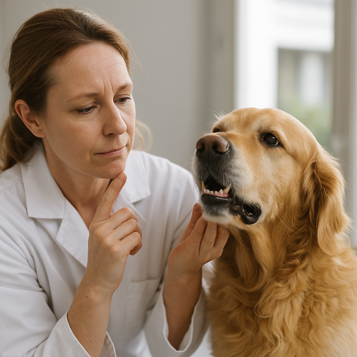 Une vétérinaire comportementaliste caucasienne examine attentivement un chien de taille moyenne en cabinet, illustrant l’importance d’une évaluation globale du comportement et de la santé bucco-dentaire chez les chiens souffrant d’halitose chronique