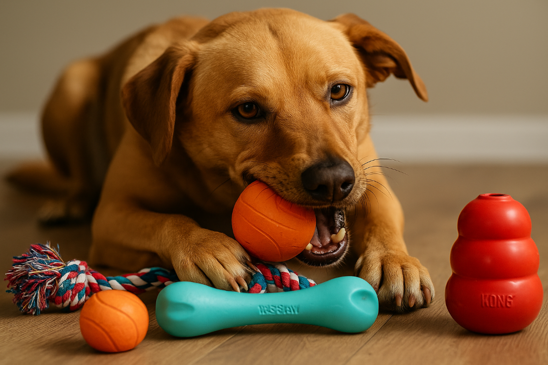 Photographie d’un chien de grande taille mâchant des jouets ultra-résistants, incluant un ballon robuste, un jouet à corde solide et un jouet Kong en caoutchouc durable, conçus pour chiens destructeurs. Image idéale pour illustrer un article sur les jouets résistants adaptés aux chiens à forte mâchoire.