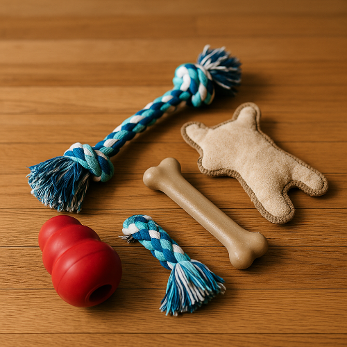 Photographie comparative de jouets pour chiens fabriqués avec différents matériaux : un jouet en caoutchouc naturel épais de type KONG, un os en nylon renforcé, une corde tressée XXL et, en contraste, une peluche basique et un jouet en plastique bas de gamme. L’image illustre la différence de résistance et de sécurité entre les matériaux, mettant en avant ceux recommandés par les vétérinaires pour les chiens destructeurs.