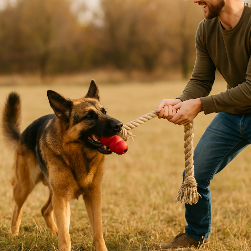 Un berger allemand joue avec son maître en tirant sur une corde et en mastiquant un jouet KONG robuste. La scène illustre l’importance des jouets résistants comme le caoutchouc épais et les cordes tressées pour stimuler l’instinct naturel du chien, renforcer le lien maître-chien et préserver la santé dentaire. Un visuel réaliste et engageant, idéal pour illustrer un article sur les jouets adaptés aux chiens destructeurs.