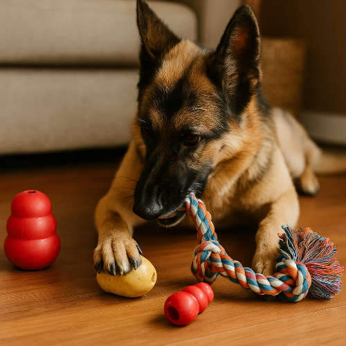 « Photographie d’un berger allemand jouant sur un sol en bois avec plusieurs jouets résistants, dont un KONG rouge et une corde multicolore. L’image illustre l’importance de varier les jouets pour stimuler le chien et prévenir l’ennui destructeur.
