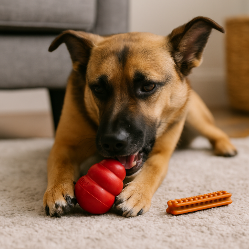 Photographie haute résolution d’un chien mâchouillant un jouet dentaire résistant de type Dentastix, associé à un jouet en caoutchouc KONG. L’image illustre l’importance des jouets solides pour l’hygiène bucco-dentaire et la stimulation mentale du chien, en réduisant tartre, stress et ennui.