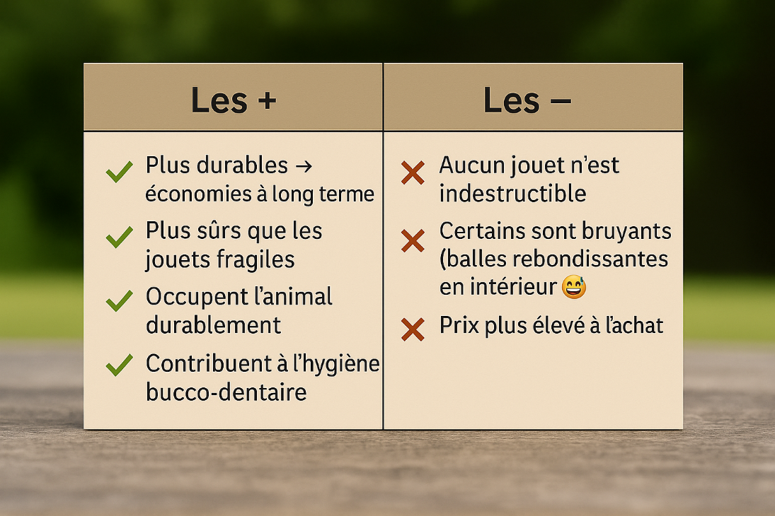 Tableau comparatif en français présentant les avantages et inconvénients des jouets résistants pour chiens, mis en avant sur un fond extérieur réaliste légèrement flouté. La partie gauche liste les bénéfices (durabilité, sécurité, stimulation, hygiène dentaire) et la partie droite expose les limites (aucun jouet n’est indestructible, bruit possible, prix plus élevé).