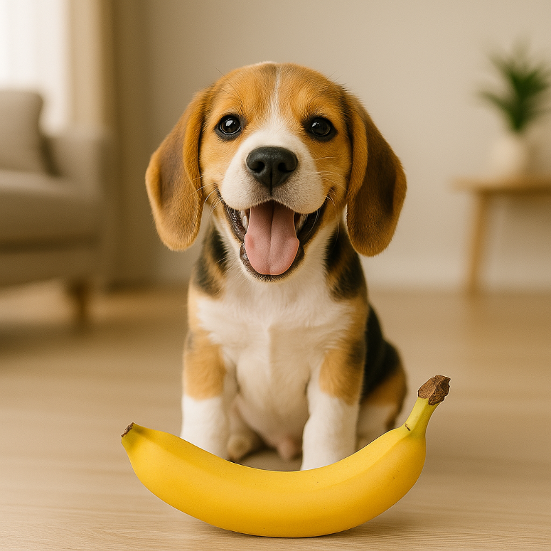 Un chiot Beagle joyeux dans un jardin – illustration d’un chien actif et en bonne santé après avoir mangé des fruits adaptés.