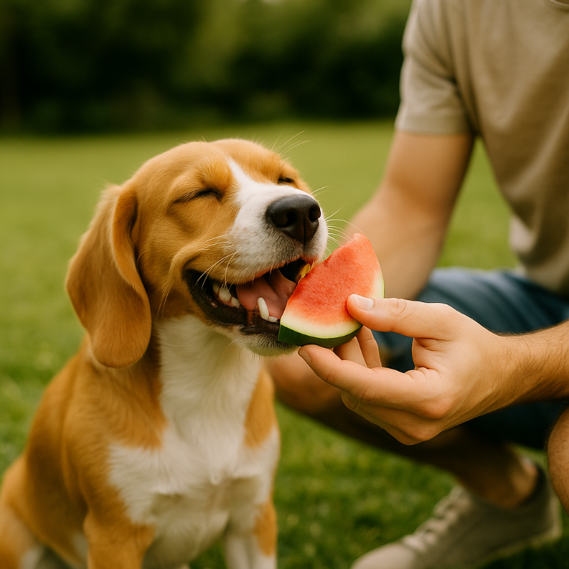 Un chien Labrador mange une pastèque donnée par son maître en extérieur – fruit désaltérant recommandé en été pour les chiens.