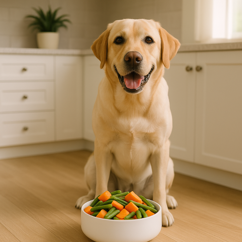 Un chiot Beagle regarde une gamelle remplie de carottes, potiron et haricots verts – légumes cuits autorisés pour chiens.
