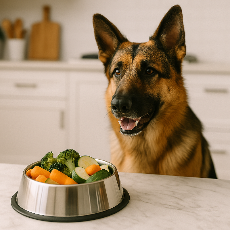 Un Berger Allemand à côté d’un bol contenant brocoli, courgettes et asperges – légumes bons pour les chiens s’ils sont servis cuits et en quantité modérée.
