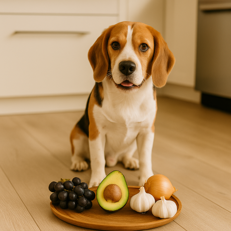 Un Beagle avec une gamelle contenant avocat, raisins et oignons barrés – aliments toxiques à éviter absolument pour les chiens.