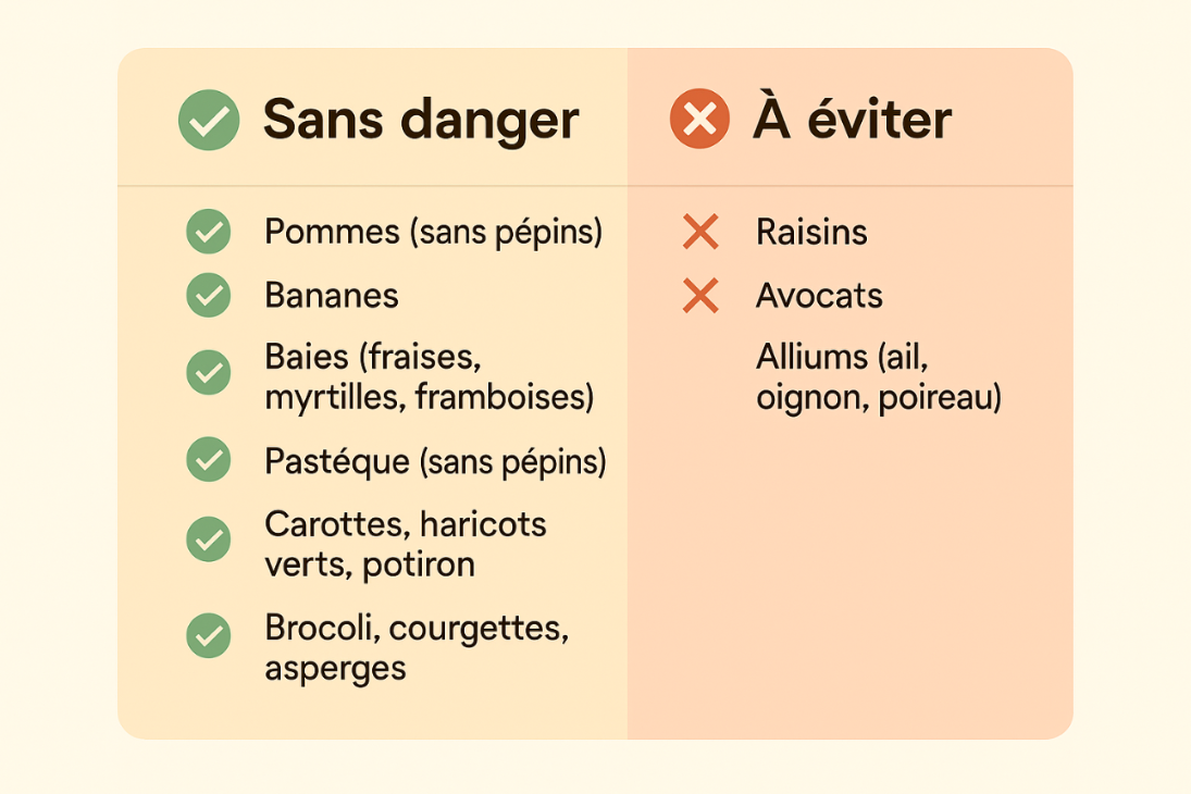 Infographie récapitulative des fruits et légumes autorisés ou interdits pour les chiens – guide rapide pour bien nourrir son compagnon.