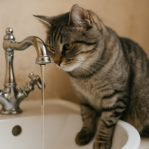 Chat tigré assis sur un lavabo, regardant fixement un mince filet d’eau couler du robinet, illustrant l’instinct félin pour l’eau fraîche et en mouvement.
