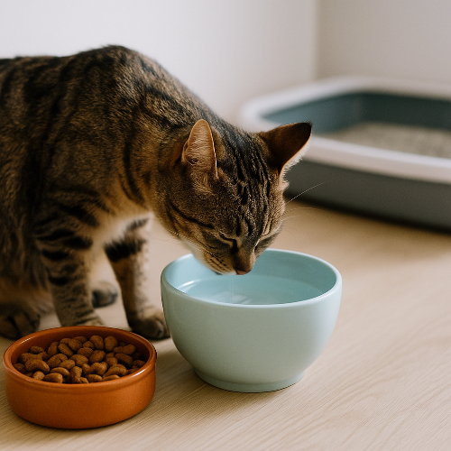 Un chat tigré domestique à poil court boit dans un bol d’eau bleu pâle placé juste à côté d’une gamelle de croquettes et d’un bac à litière, illustrant l’erreur courante d’un emplacement d’eau trop proche de la nourriture et de la litière