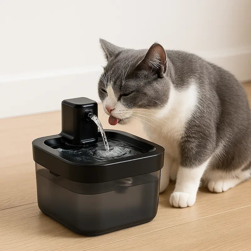 Chat gris et blanc en train de boire dans une fontaine à eau noire sans fil Fidoz posée sur un sol en bois clair, en intérieur