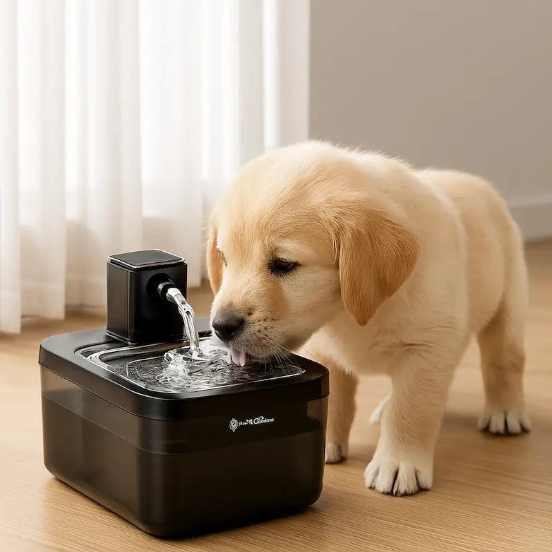Chiot Labrador beige en train de boire dans une fontaine à eau noire Fidoz, avec 12 filtres de rechange visibles en haut à droite, posé sur un sol en bois clair dans un intérieur lumineux