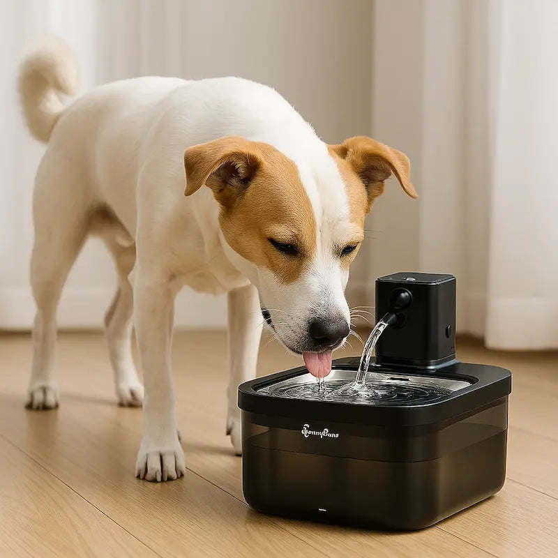 Chien blanc et marron en train de boire dans une fontaine à eau intelligente Fidoz 2,5L en inox, sans fil, posée sur un sol en bois clair dans un salon lumineux