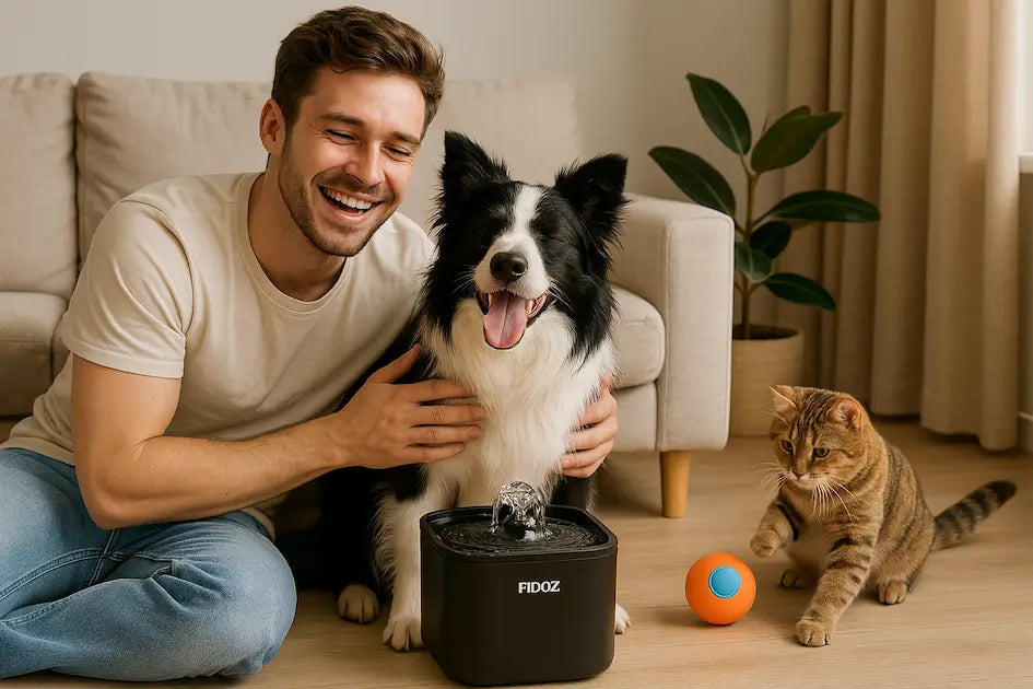 Fontaine à eau Fidoz pour chien et chat utilisée dans un salon, avec un homme souriant, un border collie et un chat jouant
